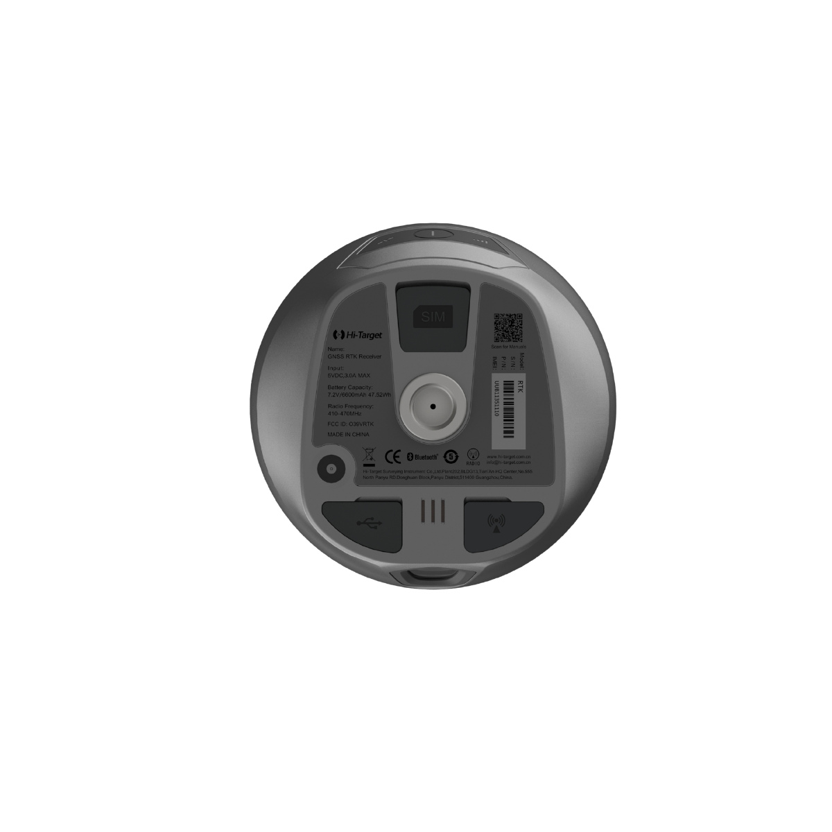 Hi-Target vRTK GNSS RTK System Bottom View with Mount Thread Bottom view of Hi-Target vRTK GNSS RTK system showing 5/8 inch mount thread, SIM slot area and device label panel