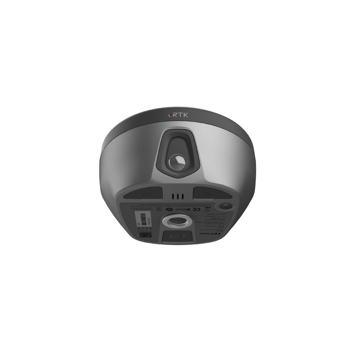 Hi-Target vRTK GNSS RTK System Underside View with Visual Camera Underside view of Hi-Target vRTK GNSS RTK system showing visual positioning camera lens and bottom mounting thread
