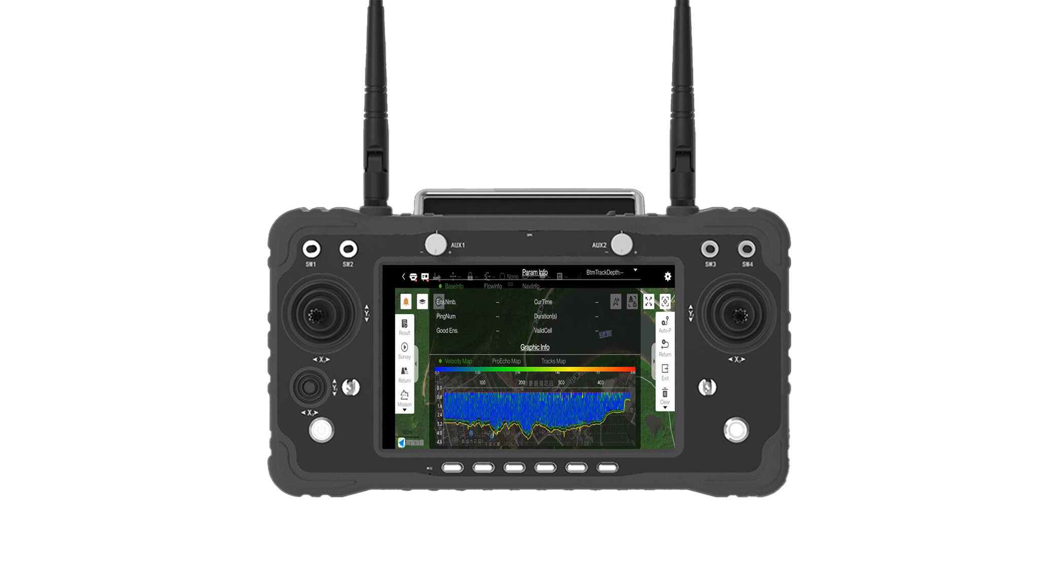 iBoat BS12 USV controller with Android based Hi Survey Boat system displaying survey data and navigation interface